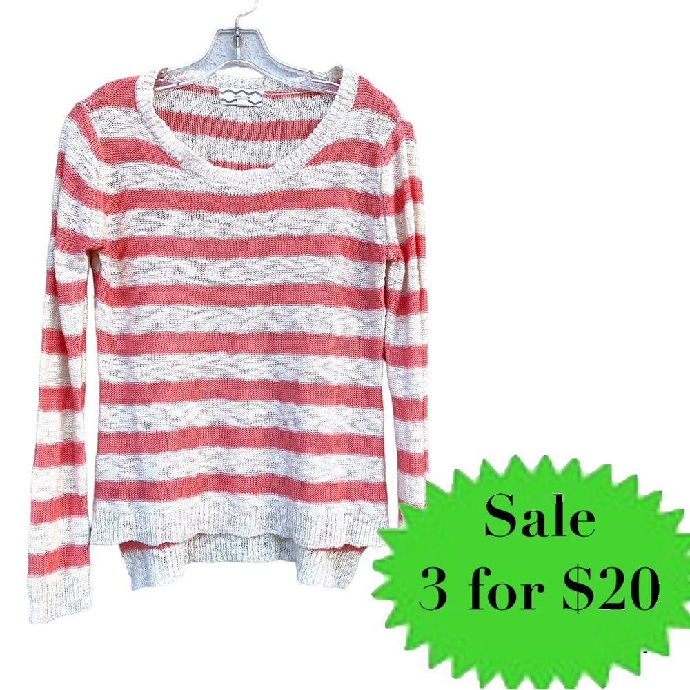 PINK ROSE striped sweater knit cream coral long sleeve women’s M cozy Classic
